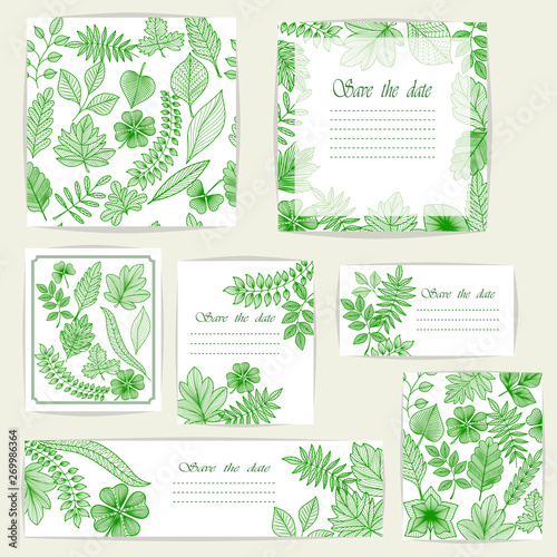 Set beautiful cards and seamless pattern with green leaves  design elements. Can be used for birthday Valentines Day  Mothers Day  wedding cards  invitations  greetings. Vector illustration. EPS 10