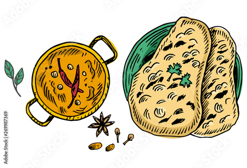 Indian food, Illustration of roti canai and curry. Vector