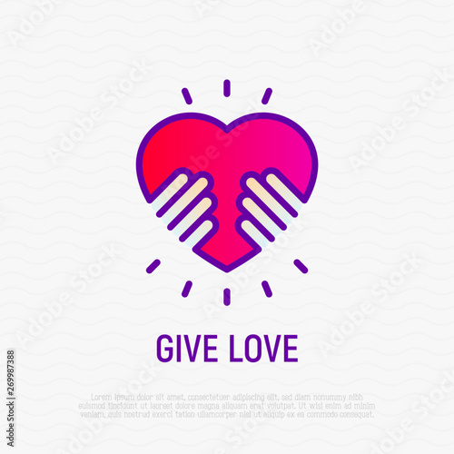 Give love thin line icon. Hands holding heart. Symbol of child adoption, support and charity. Logo for donation community. Modern vector illustration.