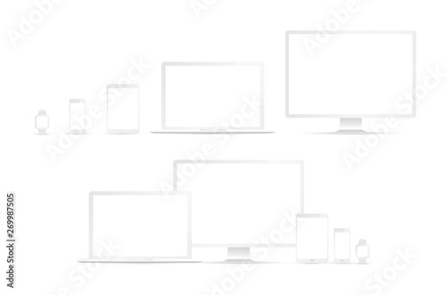 Electronic devices, web design vector template with laptop, tablet, smartphone, computer. Flat design, vector illustration on background.