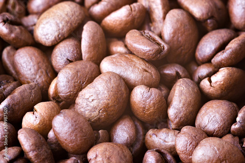 Roasted coffee beans, closeup. Background.