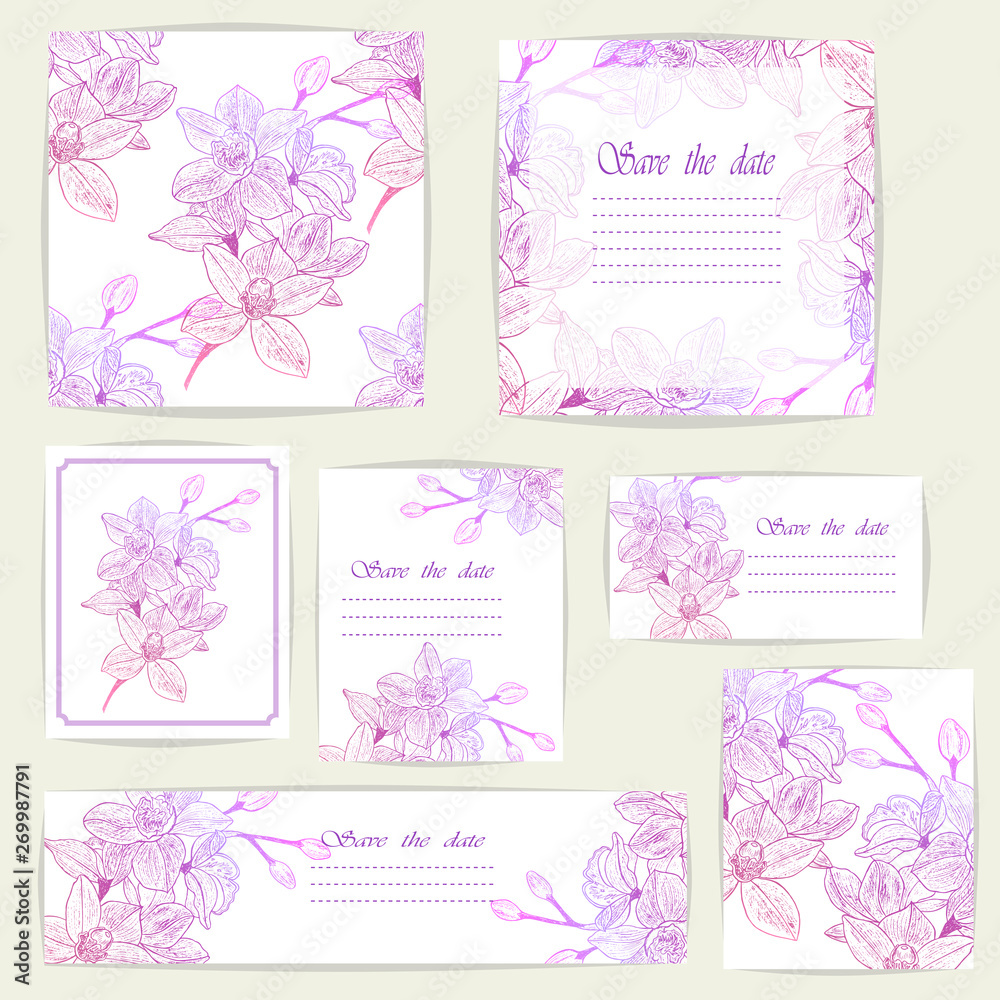Set beautiful cards and seamless pattern with Orchid flowers, design elements. Can be used for birthday, Valentines Day, Mothers Day ,wedding cards, invitations, greetings. Vector illustration. EPS 10