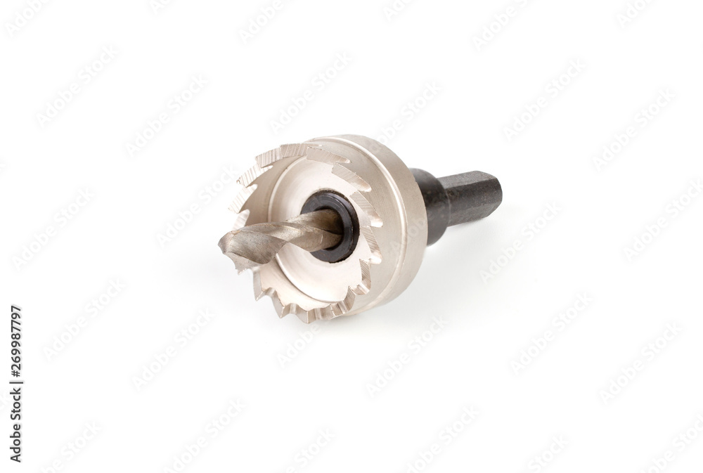 Hole saw or hole cutter tools for wood is a saw blade of annular (ring) shape and have a pilot drill bit at their center. Isolated on white background Hole saw or hole cutter tools for wood is a saw blade of annular (ring) shape and have a pilot drill bit at their center. Isolated on white background
