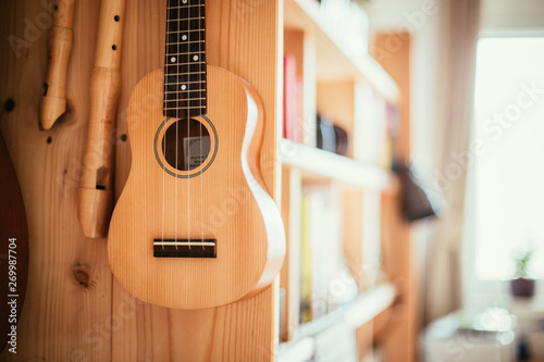 Ukulele: Close up of ukulele, guitar and flutes, ready to play, hanging on a wooden bookshelf © Patrick Daxenbichler