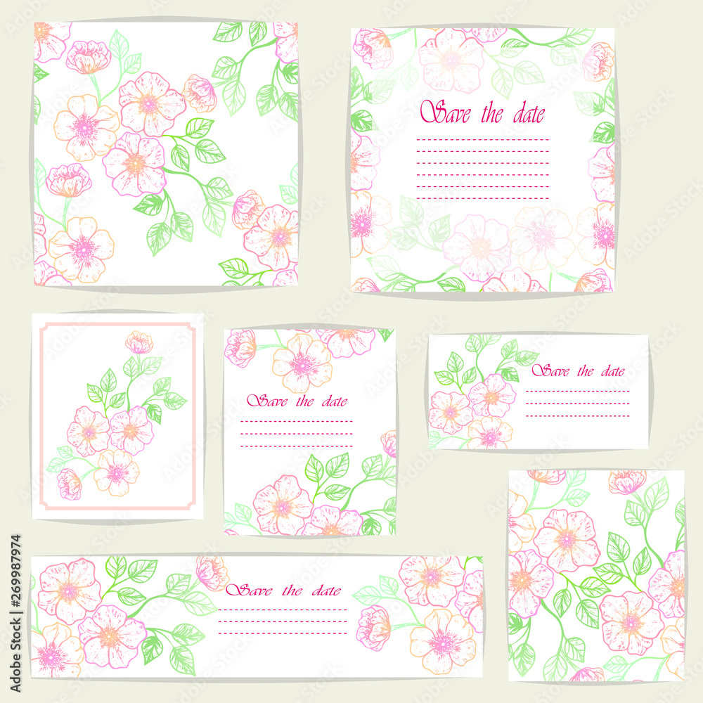 Set beautiful cards and seamless pattern with Sakura flowers, design elements. Can be used for birthday, Valentines Day, Mothers Day, wedding cards, invitations, greetings. Vector illustration. EPS 10