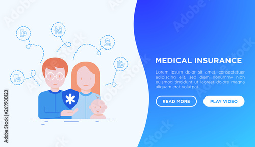 Family medical insurance web page template. Thin line icons: policy, life insurance, psychological support, maternity program, 24/7 support, mobile app, telemedicine. Modern vector illustration.