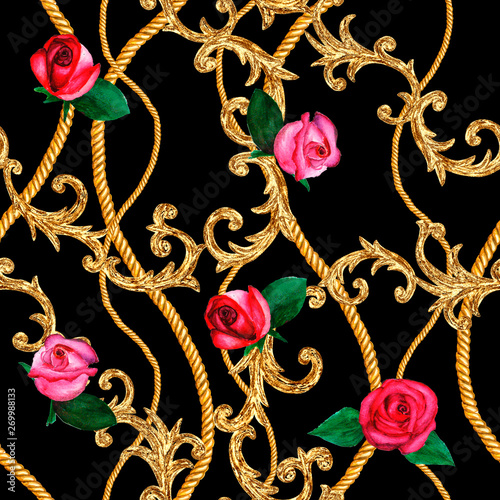 Golden chain glamour seamless pattern illustration. Watercolor texture with golden chains ropes roses.