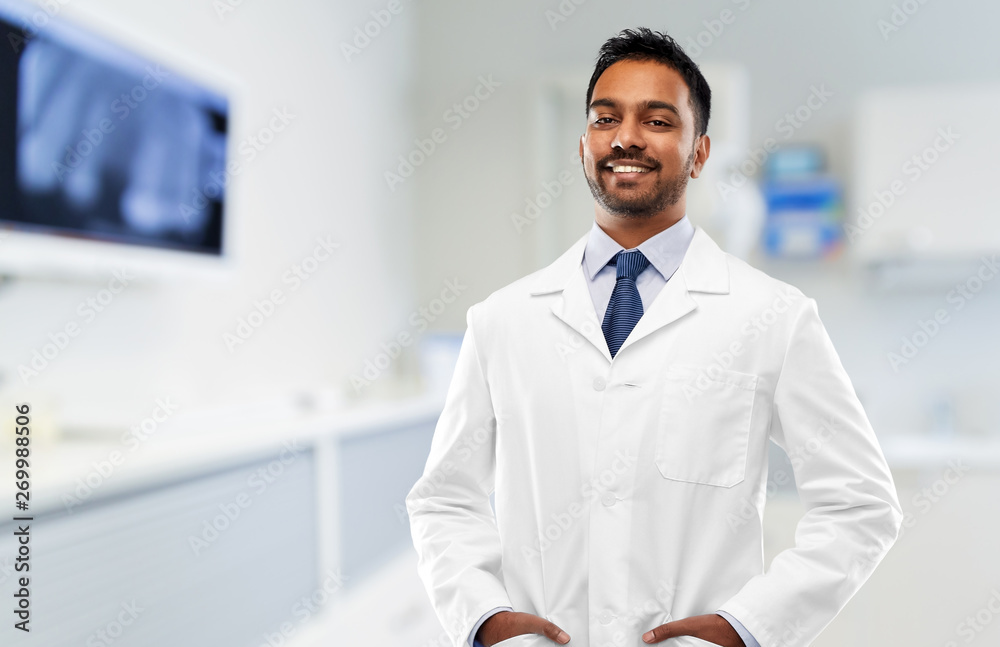 medicine, dentistry and profession concept smiling indian male