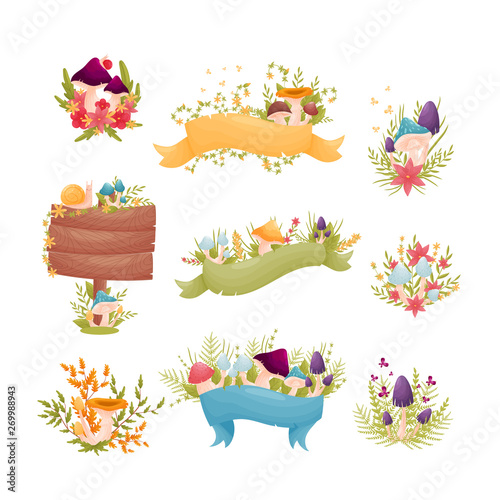 Set of compositions of mushrooms with flowers and leaves. Vector illustration on white background.