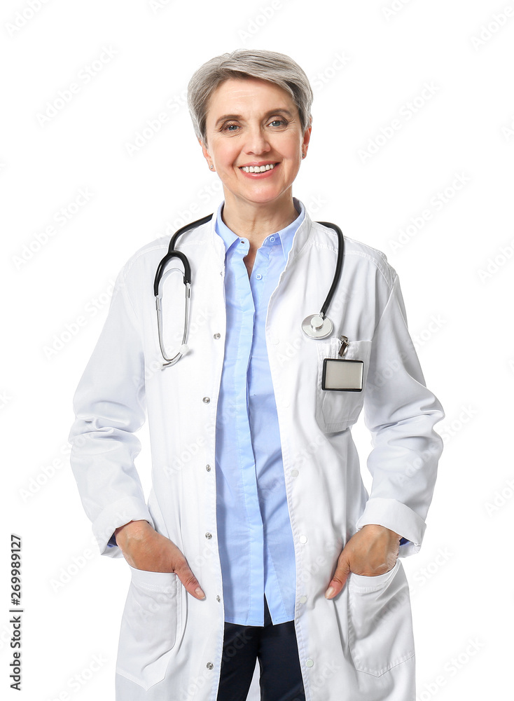 Mature female doctor on white background Mature female doctor on white background