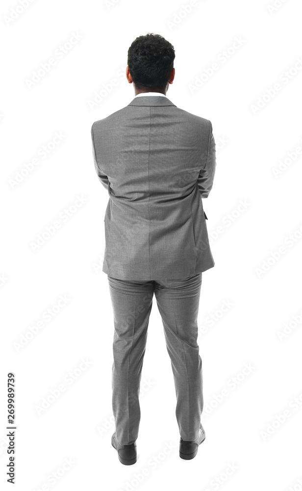 Handsome businessman on white background, back view Handsome businessman on white background, back view
