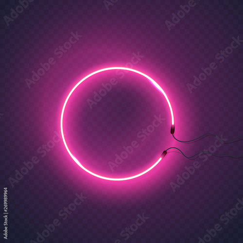 Circle neon lamp wall sign isolated on transparent background. Vector pink power glowing round bulb banner for your design