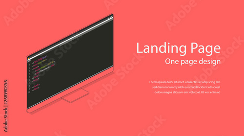 Web one landing page design template. Flat isometric modern monitor illustration. Computer screen 3d concept for infographic mockup background. Homepage code programming internet HTML site.