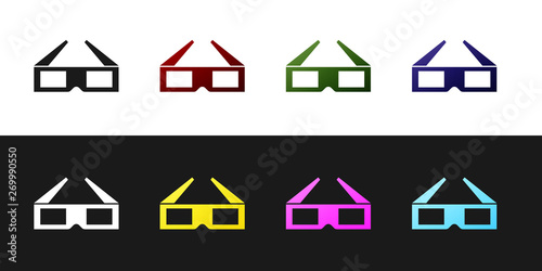 Set 3D cinema glasses icon isolated on black and white background. Vector Illustration