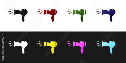 Set Hair dryer icon isolated on black and white background. Hairdryer sign. Hair drying symbol. Blowing hot air. Vector Illustration