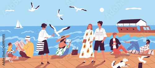Cute happy people walking along quay or seafront and feeding seagulls against sea or ocean with sail boats on background. Vacation at seaside resort. Flat cartoon colorful vector illustration.