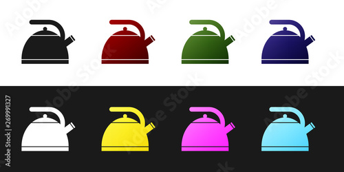 Set Kettle with handle icon isolated on black and white background. Teapot icon. Vector Illustration
