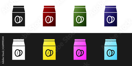 Set Coffee beans in bag icon isolated on black and white background. Vector Illustration