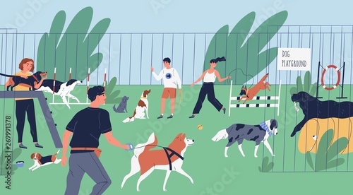 Funny people playing with dogs at playground, yard or park. Happy men and women training domestic animals outdoors. Owners walking with their playful pets. Flat cartoon colorful vector illustration.
