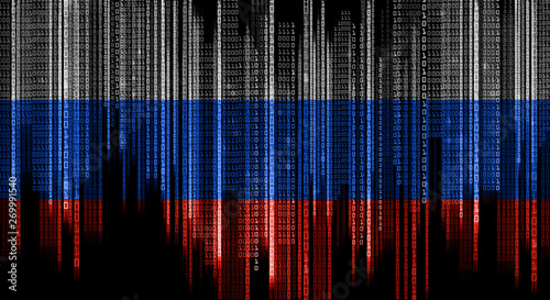 technology, national security and data hacking concept - binary system code in colors of russian flag over black background