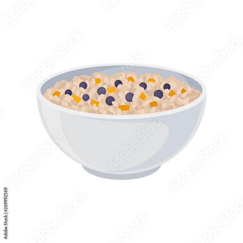 Rice porridge in a ceramic bowl closeup. Vector illustration on white background.