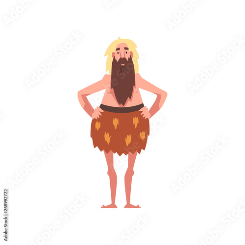 Funny Prehistoric Bearded Man, Primitive Stone Age Caveman in Animal Pelt Cartoon Character Vector Illustration