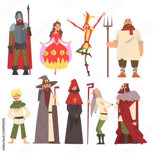 European Medieval Characters Set, Knight, Wizard, King, Princess, Peasant, Jester, People in Historical Costumes Vector Illustration