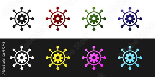 Set Project management icon isolated on black and white background. Hub and spokes and gear solid icon. Vector Illustration