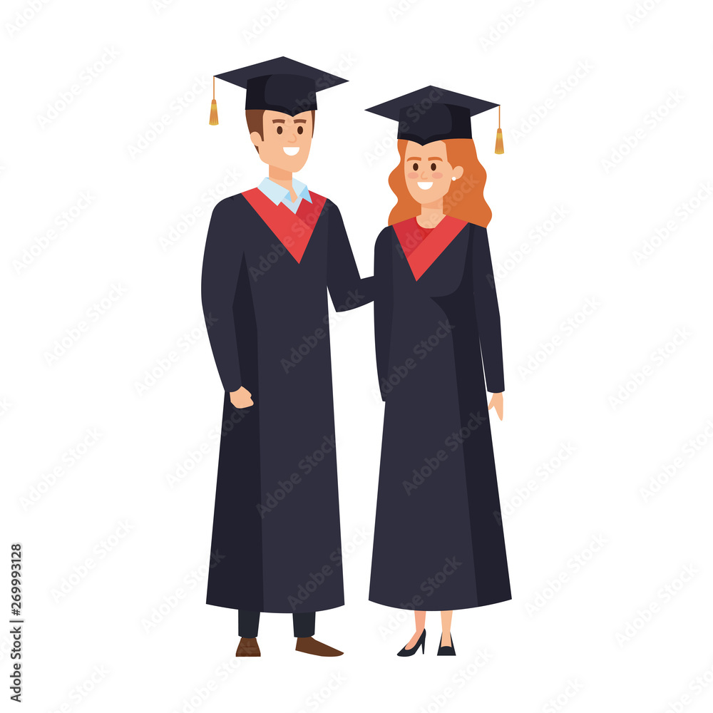 young couple students graduated characters young couple students graduated characters