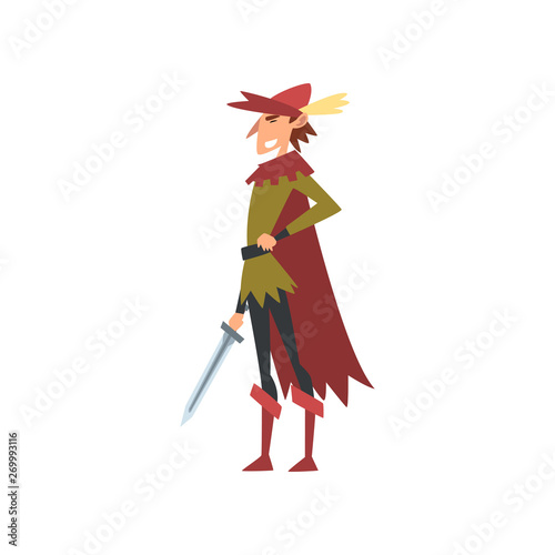 Nobleman in Historical European Costume with Sword, Medieval Character Vector Illustration