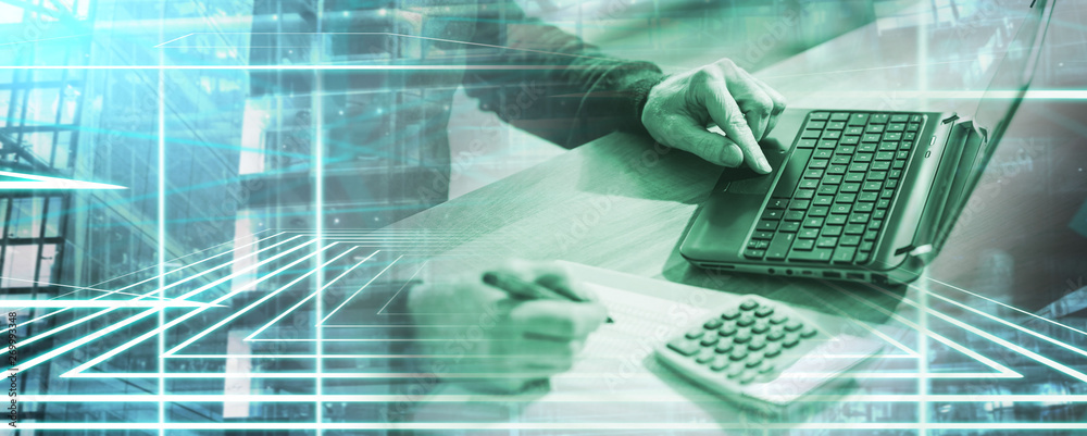 Obraz premium Accountant working on laptop; multiple exposure