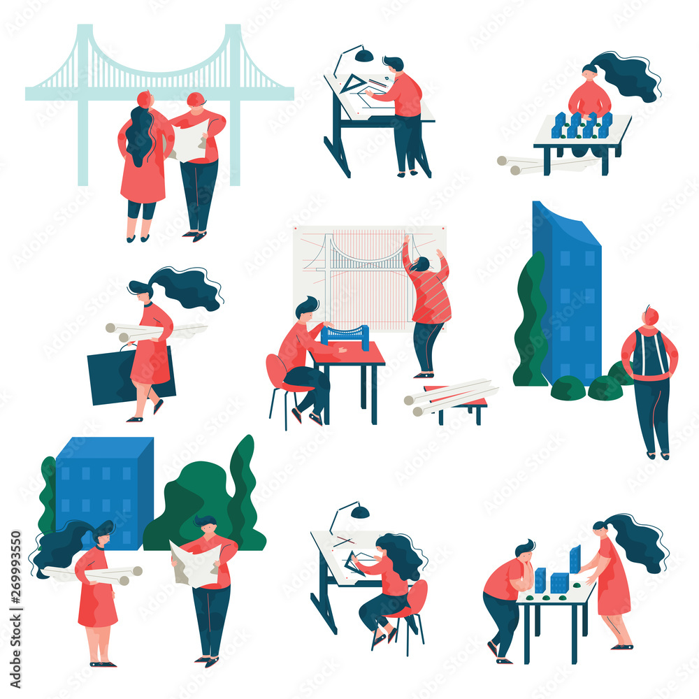 Architects Working on Projects Set, Male and Female Professional Engineers Characters Vector Illustration