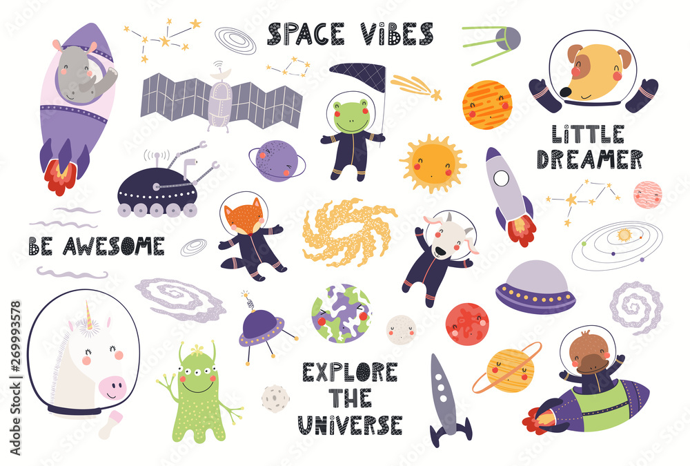 Big set of cute animal astronauts in space, with planets, stars. Isolated objects on white background. Hand drawn vector illustration. Scandinavian style flat design. Concept for children print. Big set of cute animal astronauts in space, with planets, stars. Isolated objects on white background. Hand drawn vector illustration. Scandinavian style flat design. Concept for children print.