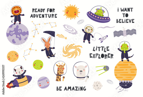 Big set of cute animal astronauts in space, with planets, stars. Isolated objects on white background. Hand drawn vector illustration. Scandinavian style flat design. Concept for children print.