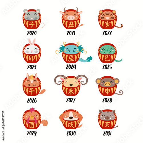 Set of Chinese zodiac signs daruma dolls with zodiac animal names characters. Isolated objects on white background. Hand drawn vector illustration. Design concept holiday banner, decorative element.