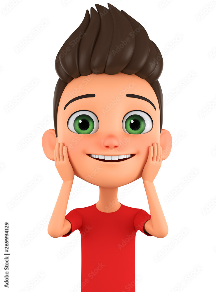 Character cartoon boy joy of surprise on a white background. 3d rendering.  Illustration for advertising. Stock Illustration | Adobe Stock