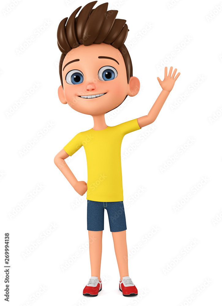 Cartoon character boy raised his hand in greeting. 3d render illustration.  Illustration for advertising. Stock Illustration | Adobe Stock