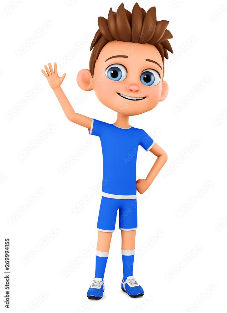 Cartoon character boy in sport uniform raised his hand in greeting. 3d render illustration. Illustration for advertising. Cartoon character boy in sport uniform raised his hand in greeting. 3d render illustration. Illustration for advertising.