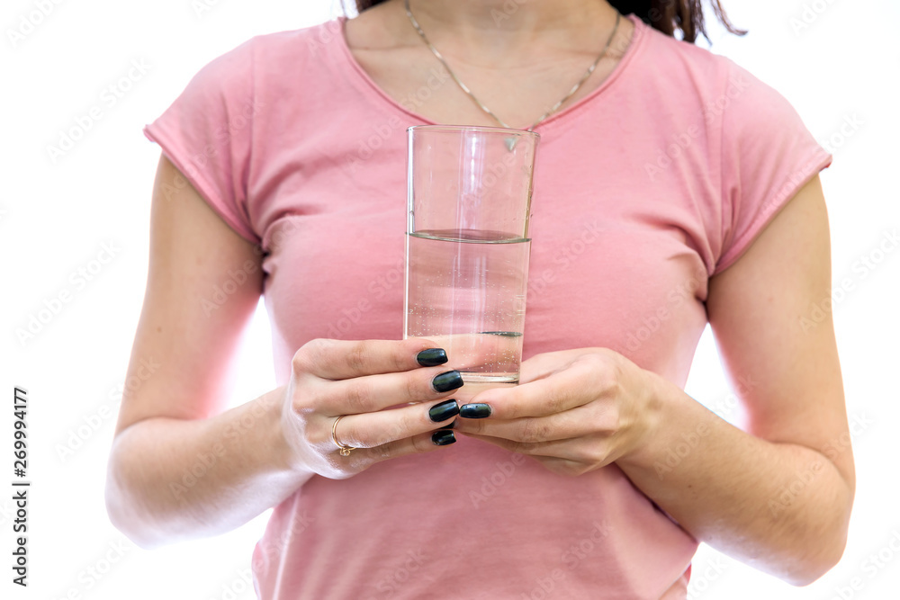 Woman with glass of water isolated on white background Woman with glass of water isolated on white background