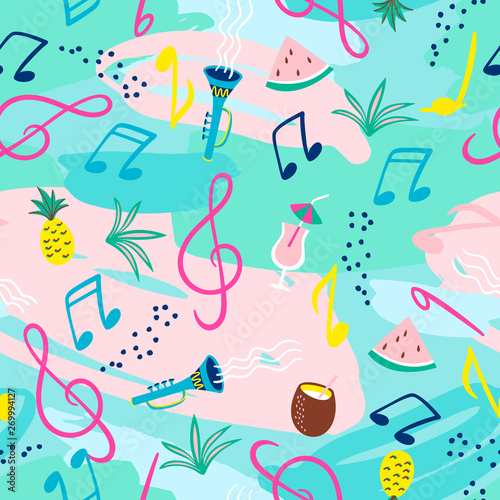 Seamless pattern with musical notes, instruments and summer symbols. Vector