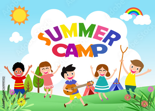 Happy children are jumping and dancing. Ready for your message. blank template character. vector illustration summer camp concept