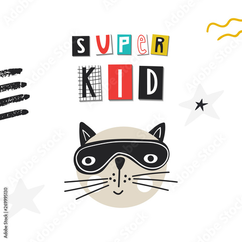 Super Hero - cute and fun kids nursery poster with cat animal and hand drawn lettering. Vector illustration.