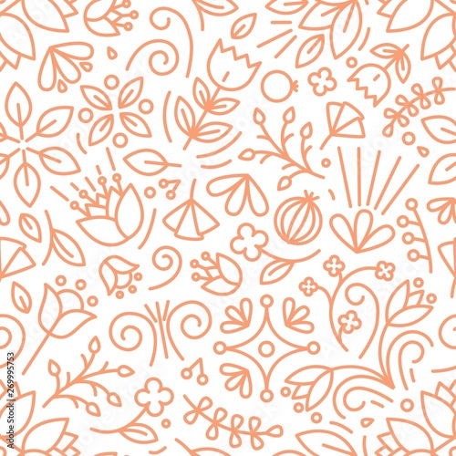 Botanical seamless pattern with lush vegetation of summer meadow. Backdrop with blooming flowers and wild flowering perennial plants. Monochrome vector illustration in line art style for wallpaper.