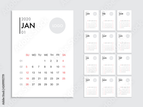 Calendar 2020 template planner vector diary in a minimalist style