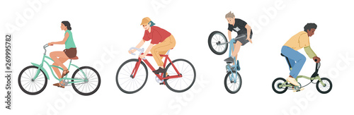 People riding bicycles of various types set, men, women and children on bikes