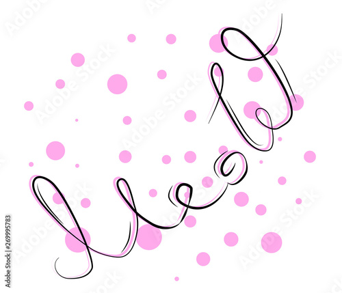 funny cat girl face in a flower chain, with text Meow. Isolated objects