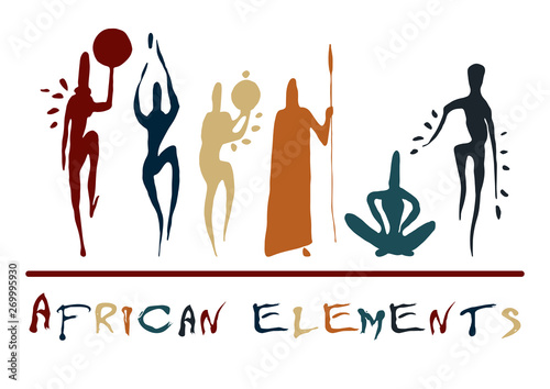African elements silhouette man vector ancient Neolithic paleo rock carvings