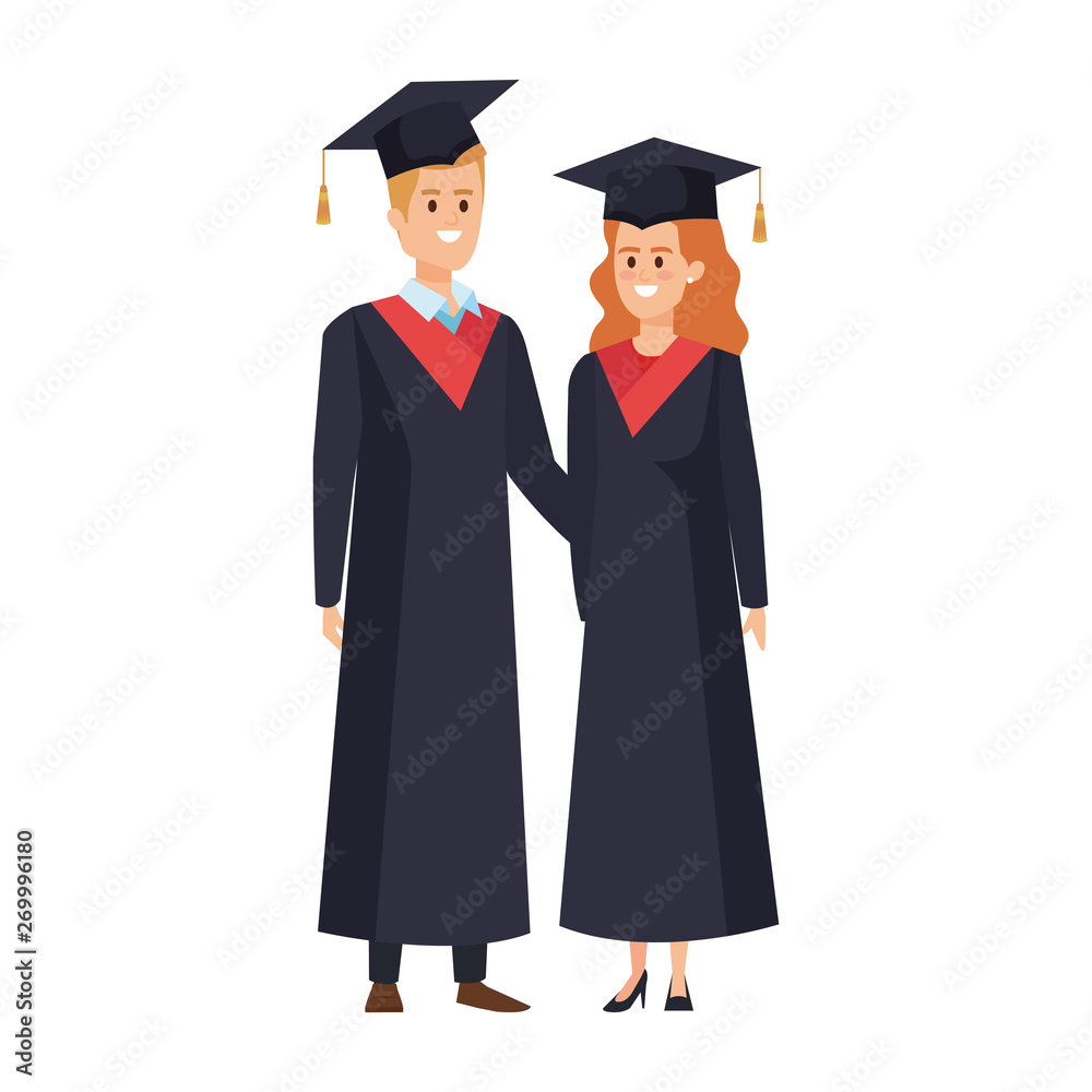 young couple students graduated characters young couple students graduated characters