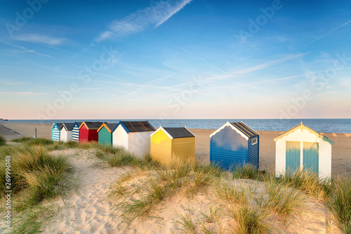 Fotografie, Obraz Beach huts in sand dunes at Southwold