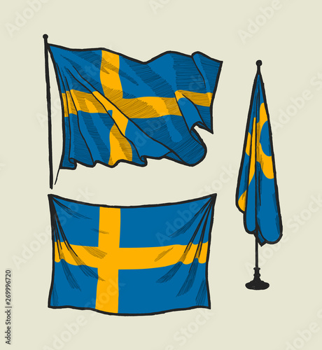 Flag of Sweden on the wind and on the wall - vector drawing illustration set